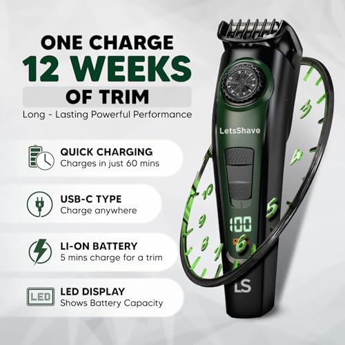 Image of LetsShave Beard Trimmer for Men | All-in-One Beard, Hair & Body Trimmer | 120 Min Runtime | LED Battery Display | USB-C Fast Charging | 3-Year Warranty | Self-Sharpening Stainless Steel Blades | Free Pro Styler