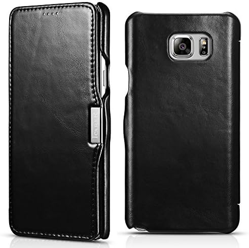 Samsung Galaxy Note 5 Leather Case, Icarercase Genuine Vintage Leather Wallet Case with Card Slot, Side Open in Ultra Slim Style, Flip Folio Cover with Magnetic snap for Samsung Note 5 (Black)