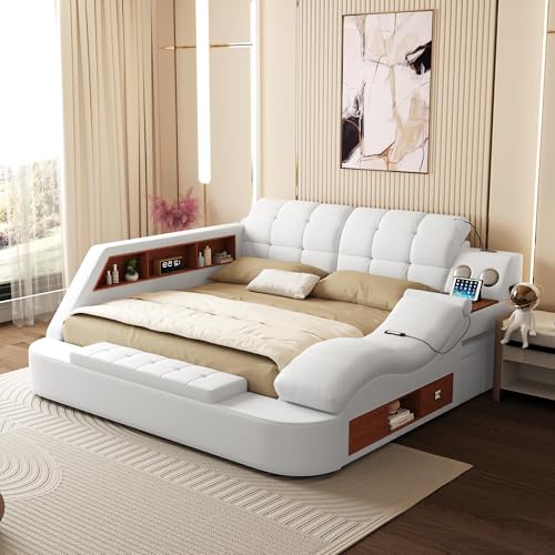 AF ARTISAN FURNITURE Queen Size Smart Multifuncional Bed Frame - Upholstered Leather Platform with Massage Recliner, Bluetooth Speaker, USB Charging, Storage Drawers, Strong Wooden Slats, White