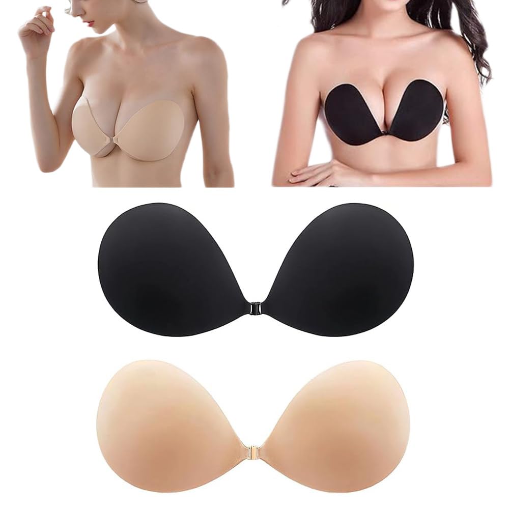 Oimaik Push Up Bra 2 Pack, Reusable Backless Bra, Strapless Adhesive Sticky Bra, Stick on Bra for Evening Dress, Party, Wedding, Beach