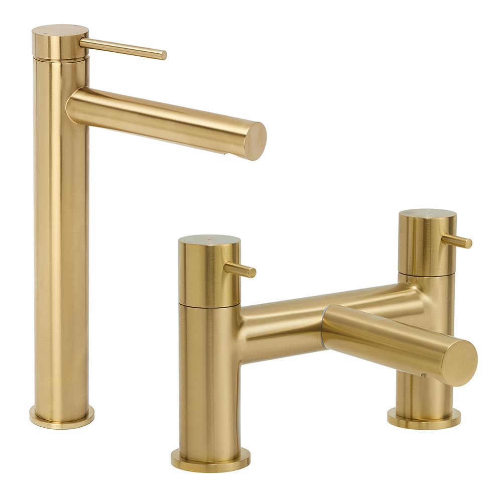 Milano Otto High Rise Mono Bathroom Basin Mixer Tap Bath Filler Tap - Brushed Brass