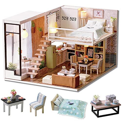 CUTEROOM Casa de muñecas de Madera Hecha a Mano con Kit en Miniatura, Estilo dúplex con Modelo de habitación y luz LED