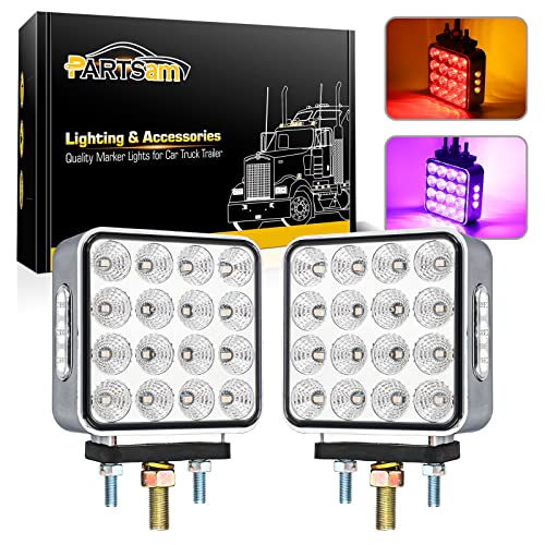 Partsam 2x Dual Revolution Amber/Red/Purple Square Double Face 38 Diode Marker/Turn Signal and Auxiliary Led Pedestal Light with Chrome Housing Sealed Replacement for Kenworth/Peterbilt/Freightliner