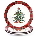 Homlouue Ceramic Christmas Tree Dinner Plates, Christmas Plates Set of 4, Ceramic Christmas Plates, Dinner, Dessert, Salad, Pasta and Appetizer Plate, Christmas Tree and Santa Plate, Red Plaid, 10.5''