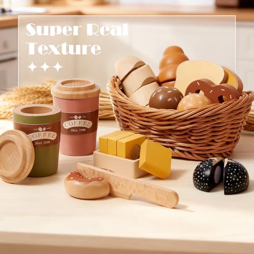Atoylink Kinderküche Zubehör Holz Spielküche Zubehör, Bäckerei Spielzeug mit Korb Brot, Holz Lebensmitte Küchenzubehör Küchenspielzeug Geschenk für Kinder Mädchen Jungen ab 3 4 5 6 Jahre