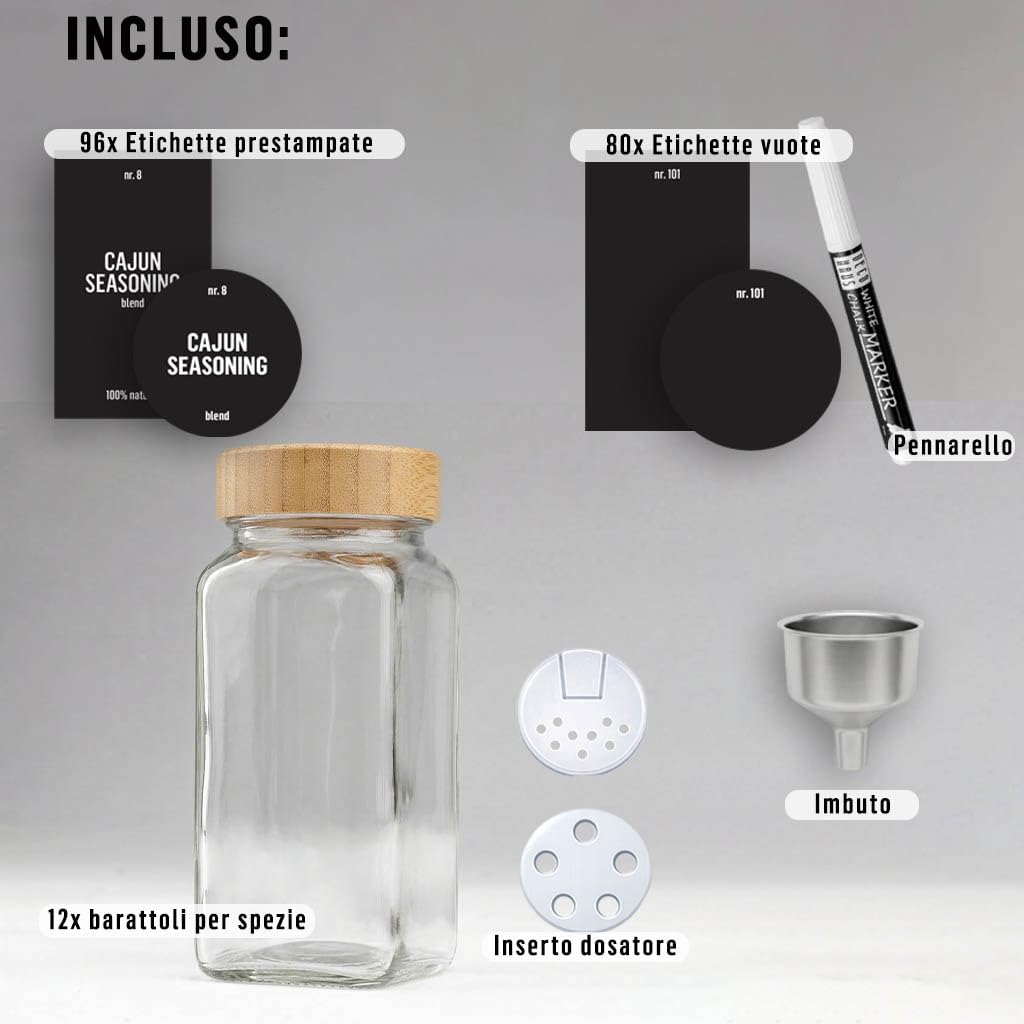 Deco haus® Set da 12 Contenitori per Spezie con Tappo a Vite - Kit per Condimenti con Etichette, Imbuto, Spazzola, Pennarello - Barattoli Portaspezie Piccoli in Vetro Trasparente da 120ml, 10,5x4,3 cm