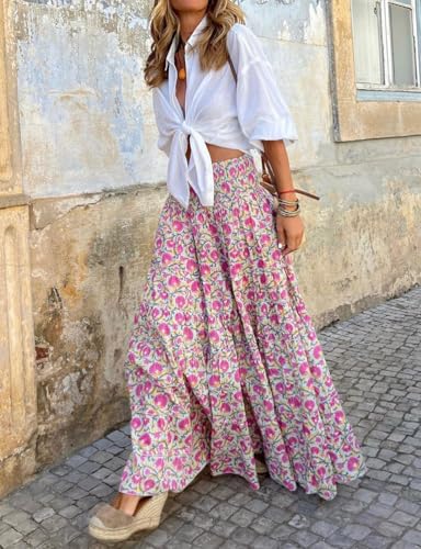 IDEALSANXUN Floral Skirts for Women Spring Summer Casual Flowy A Line Elastic High Waisted Boho Long Maxi Skirt4