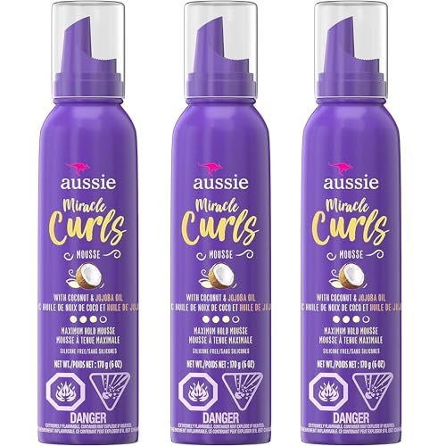 Aussie Miracle Curls Styling Mousse, 3 Pack, Maximum Hold Mousse with Coconut & Jojoba Oil, for Curly Hair, Alcohol Free, 6 oz.Each