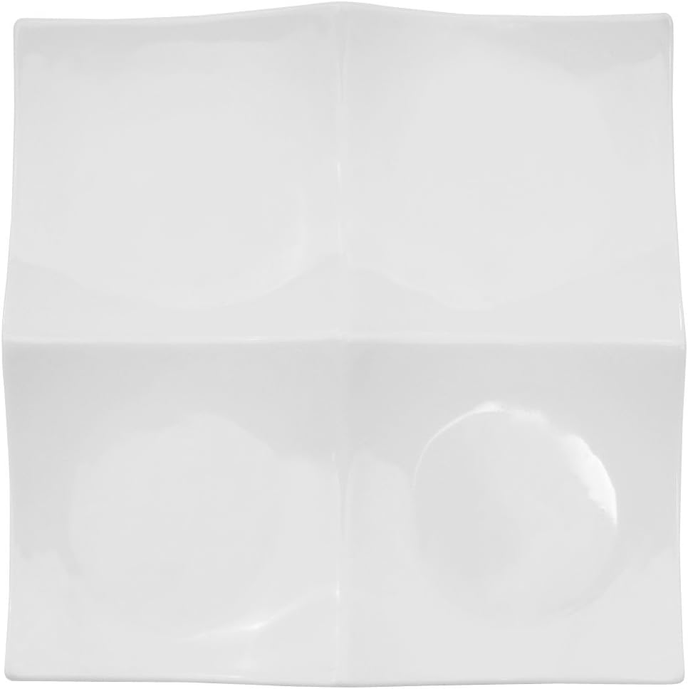 CAC China F-P21 Fortune 12-Inch by 1-1/4-Inch Super White Porcelain Square Plate with 4 Square Compartment, Box of 12
