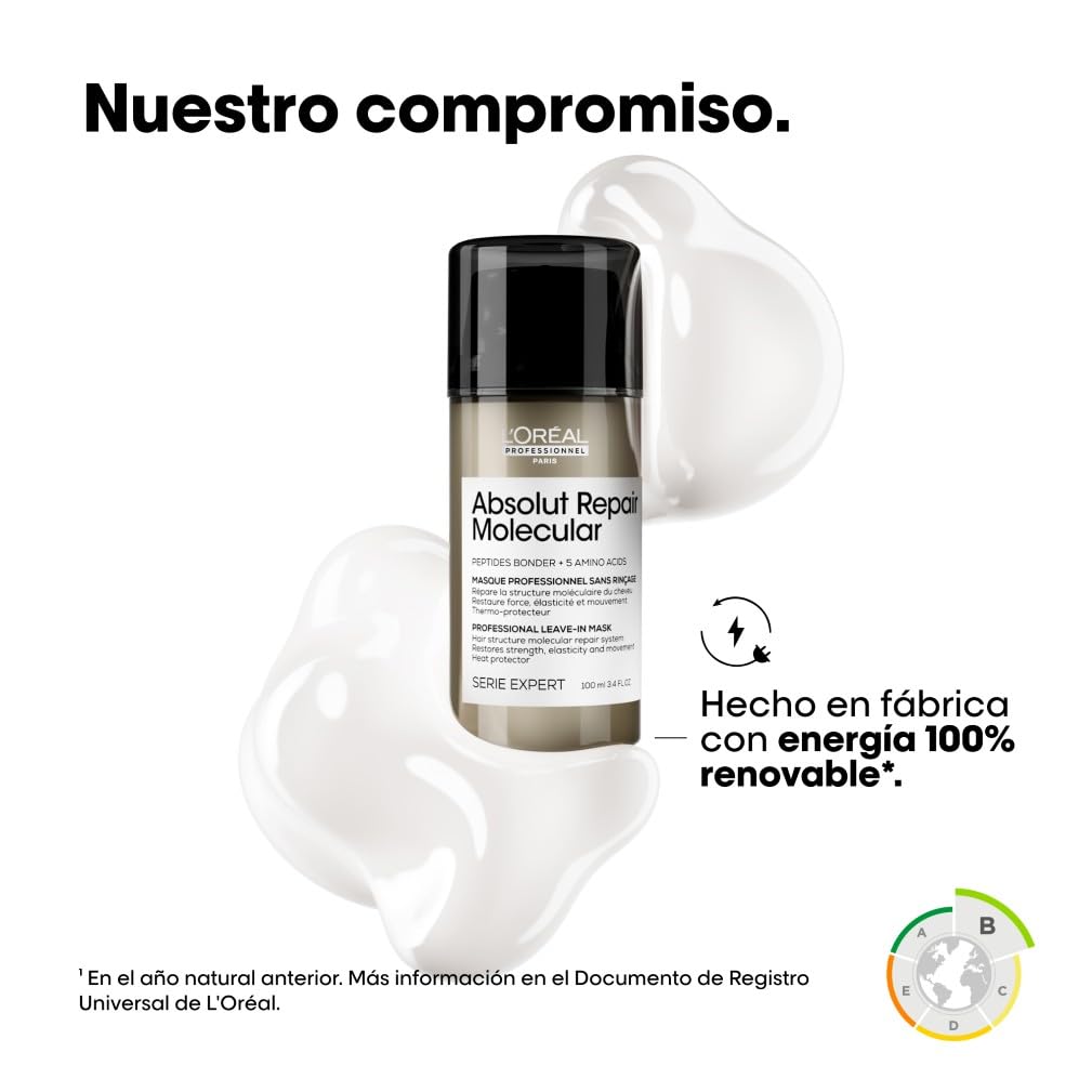 L’Oréal Professionnel, Absolut Repair Molecular Mascarilla Reparadora Sin Aclarado, Textura Crema, Repara Daños y Fortalece, Termoprotección, Fórmula Patentada, para Cabello Dañado