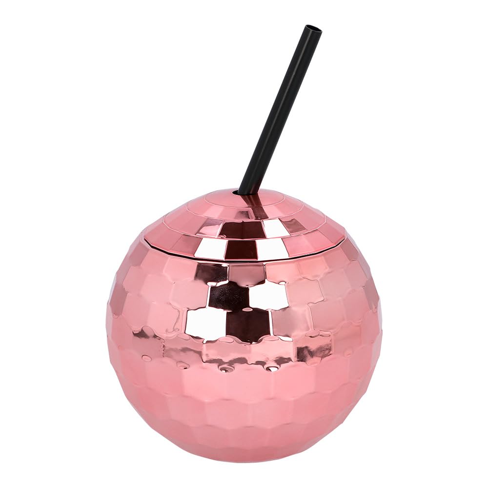 Boland - Discokugel Becher mit Strohhalm, 600 ml, Trinkbecher für Party oder Gartenfeier, Partybecher mit Trinkhalm wiederverwendbar, Plastikbecher, Partygeschirr, Rosegold