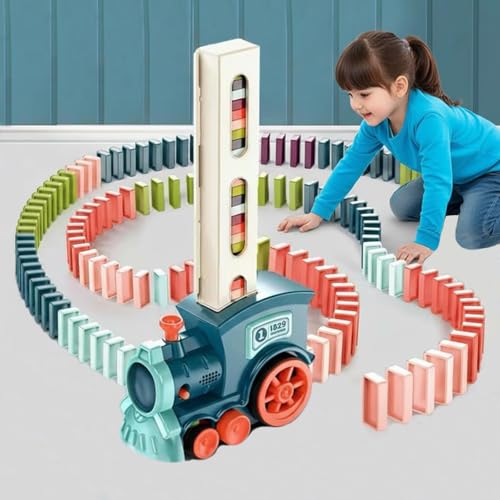 Domino Train Toy Set for Kids, Domino Blocks Set Building and Stacking Toy Creative Kids Games Gift Dominoes for Boys Girls (Train+120, Blue)