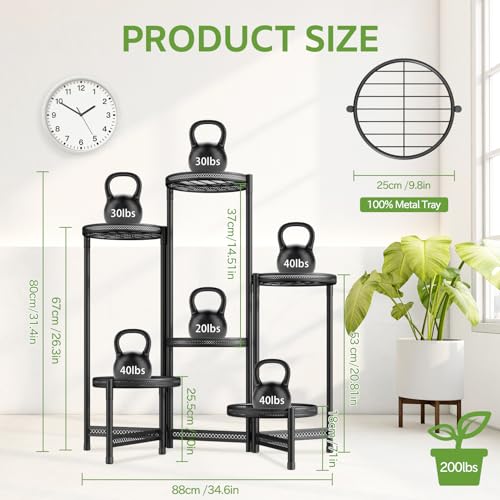 Image of iDavosic.ly 6 Tier Large Plant Stand Indoor with 10-Inch Wide Drainage Tray, Tiered Corner Metal Outdoor Flower Display Holder Shelf, Folding Tall Rack for Patio Porch Balcony, Black Iron Carving