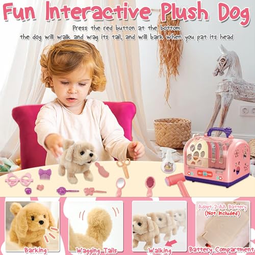 TEUVO 14Stück Hund Spielzeug Kinder, Spielzeug Hund der Läuft und Bellt mit Tierkäfig und Kuscheltier Interaktiver Elektrischer Plüsch Interaktives Haustier Hund Geschenke für 2-8 Jahre Mädchen Jungen