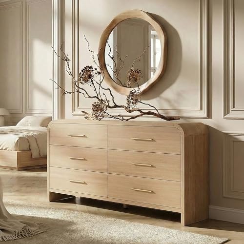 EliteSet Curved 6-Drawer Dresser for Bedroom, 54" Wide Modern Chest of Drawers, Vanity Desk TV Stand for Living Room, Closet Storage Drawers Organizer Furniture, Nursery, Hallway, Oak