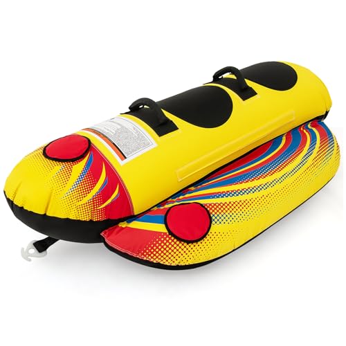 Goplus Inflatable Towable Tubes for Boating, 1-2/1-3 Rider Hot Dog Tube for Boat to Pull, Water Sports Banana Boat with EVA-Padded Seats for Towing Rider (1-2 Riders)