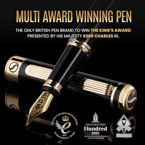 Image of Scriveiner Personalized Black Fountain Pen - Stunning Luxury Pen, Jet Black Lacquer, Real Gold Plating, German Schmidt Nib (Medium), Best Engraved Gift Set for Men & Women, Name Engraving