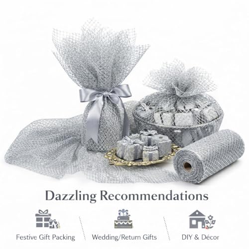Image of Asian Hobby Crafts Flower Mesh Net Solid Fabric for Flower Bouquet, Trousseau Packing, Fabric for Gift Wrapping, Party Hall Decor, Sweet Boxes, Gift Decoration (Size :7 Meters, Color - Silver)
