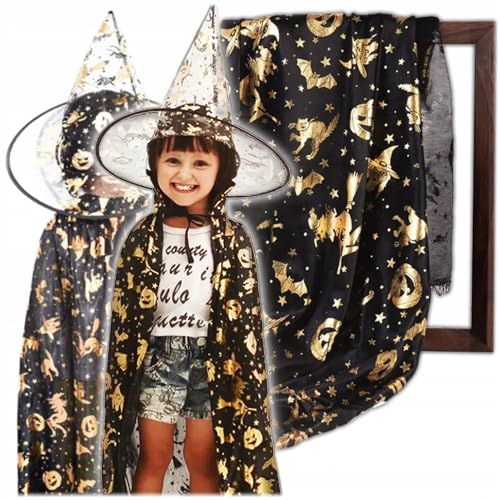 KRUMAD Disfraz de Halloween para niños, sombrero de bruja y capa de 80 cm para niños y adultos, capa con capucha, disfraz de bruja, accesorio para mujer, hombre, niña, niño, decoración de carnaval y
