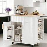 VINGLI Kitchen Island Cart with Storage, Rolling Kitchen Cart on Wheels with Foldable Drop Leaf, 15.35 x 31.15 x 34.45 Inches, Rubber Wood Top, Drawer and Door Cabinet, White