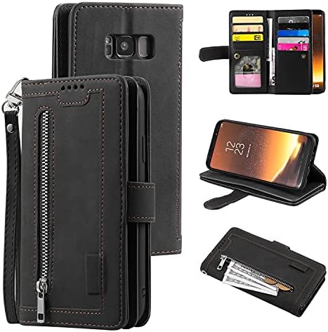 EYZUTAK Wallet Phone Case for Samsung Galaxy S9, Retro Matte 9 Card Holder Slots Zipper Pocket Case PU Leather Magnetic Closure Kickstand with Wrist Strap Shockproof Folio Flip Case - Brown
