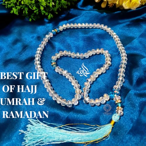 Image of Prayer Beads Tasbih, Crystal Glass 100 Beads, Turquoise Blue with Tassel, Islamic Prayer Rosary Tasbih in Diamond Cut Crystal Beads of Sky Blue Diamond Like Finish Gift of Ramazan Hajj Umra,Car Decorative