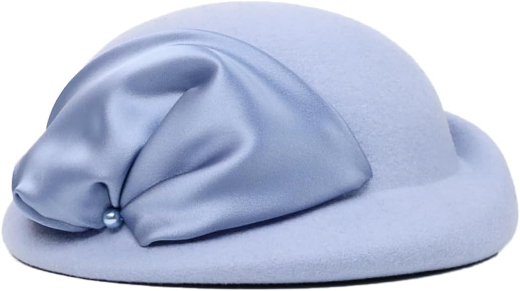 Wool Felt Beret Fascinator Hats for Women Ladies Femme Church Cocktail Tea Party Dress Formal Wedding Bead Derby Pillbox Hat Light Blue - Image 2