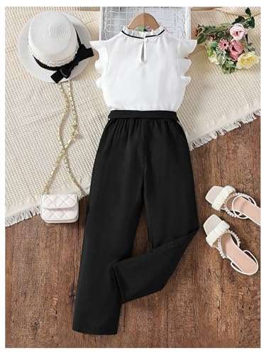 Image of Floerns Girl's Two Piece Outfit Ruffle Trim Sleeveless Blouse Bow Front Belted Pants Set Black and White 8Y