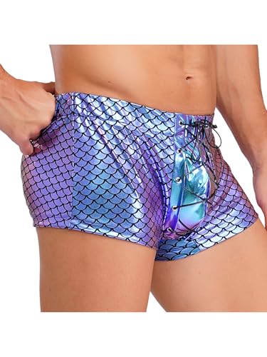 Jugaoge Men Lingerie Shiny Metallic Lace-up Front Pouch Boxer Shorts Swim Trunks Hot Pant Underpants3