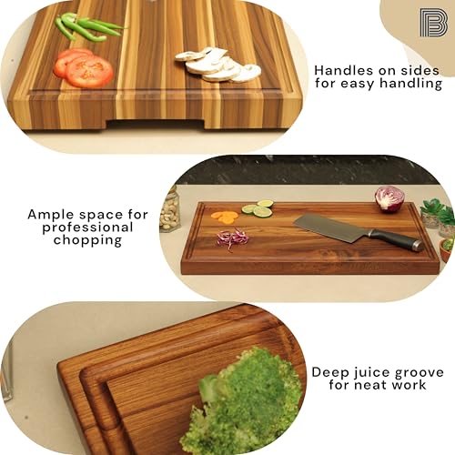 Image of Edge Grain Wood Chopping Board | Teakwood Cutting Board with Non-Slip Rubber feet | Vegetables, Meat, Cheese Cutting | Food Grade Finish with Mineral Oil and Beeswax | 1 Year Warranty