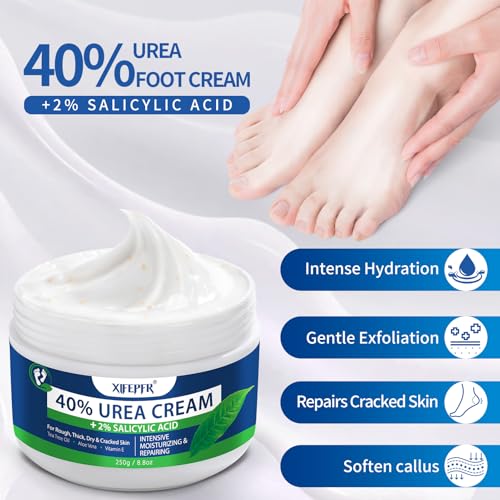 Xifepfr Urea Cream 40 Percent for Feet Maximum Strength, with 2% Salicylic Acid Urea Foot Cream for Dry Cracked Heels and Feet, Tea Tree Oil Foot Cream for Corn and Callus Remover (8.8Oz)