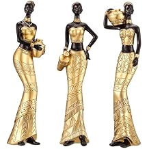 3 Pack African Art Sculptures- Vintage African Statues For Home Decor- Womens Tribal African American Figurines- Bookshelf, Office Decor- Deal For Birthday, Christmas, Thanksgiving, Mom Gifts-Gold