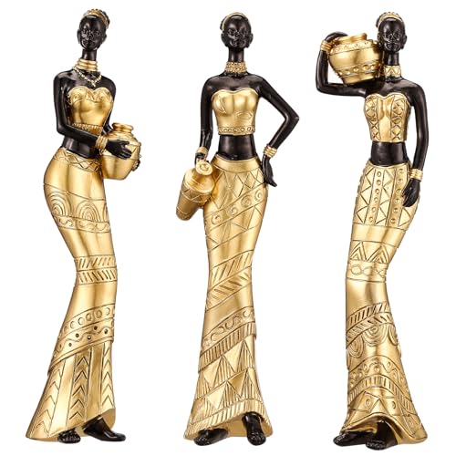 CYYKDA Lot de 3 Sculptures d'art africaines Vintage pour décoration d'intérieur - Figurines tribales Afro-américaines pour Femme - Bibliothèque, décoration de...