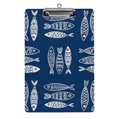 クリップボード A4 縦型 さかな まだら 魚柄 紺色 手描き ファイルボード 壁掛け 画板 書きやすい お会計ボード て持ち運びやす 文書整理 文房具 会議パッド 事務用品 メモ 学校 家庭用バインダー