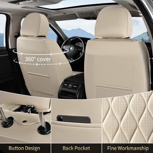 Image of FLORICH Car Seat Covers Full Set Waterproof Nappa Leather Car Seat Cover Front and Rear Car Seat Protector with Lumbar Support Automotive Seat Covers Universal Fit for Most Car Sedan Truck SUV, Beige