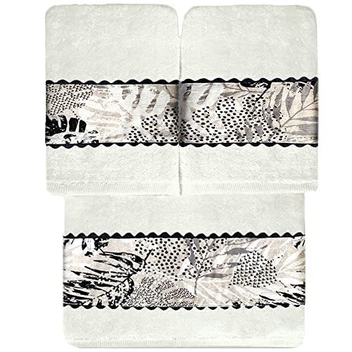 Juego 3 Toallas Premium, 100% Algodón 500 gr/m2― 1 Baño Grande (100x150 cm), 2 Lavabo (50x100cm), Color Blanco con Cenefa Greca Estampada ― O'LANG 10040 Cover