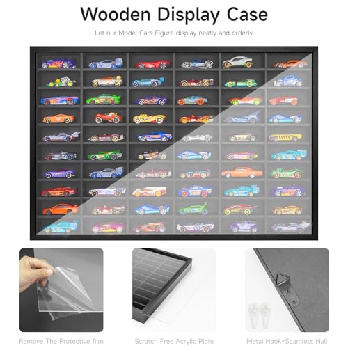 Image of Wooden Wall Mount Display Case for Hot Wheels with Dust Resistant Acrylic Door ,Matchbox 1 /64 Scale Diecast Model Cars Display Storage Organizer Case, Stores up to 60 Cars
