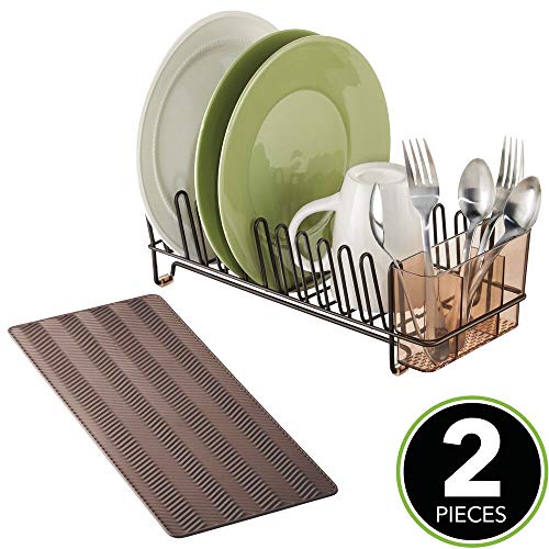 mDesign Compact Kitchen Countertop, Sink Dish Drying Rack and Silicone Drying Mat - Drain and Dry Wine Glasses, Bowls and Dishes - Set of 2 - Wire Drainer in Bronze with Brown Heat-Safe Mat - Thumbnail 3