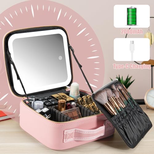 Extrei Gent Makeup Travel Train Case with Mirror LED Light 3 Adjustable Brightness Large Cosmetic Bag Portable Storage Adjustable Partition Waterproof Makeup Brushes Make up Jewelry