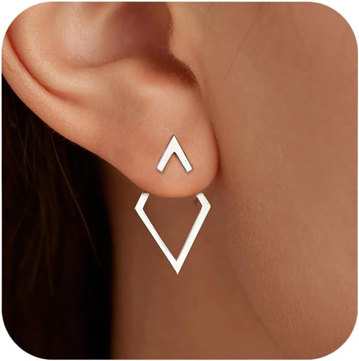 LOVECOM Ear Jacket Earrings 925 Sterling Silver Geometric Stud Earring for Women 14K Gold Plated Minimalist V Jacket Earring Jewellery Birthday Gifts to Daughter Sister