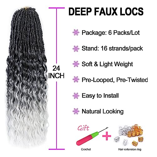 FANWYFYU New Faux Locs Crochet Hair With Deep Curly Ends 24 Inch 6Packs Black Goddess Soft Locs Synthetic Braids Prelooped Dreadlock Hair Extensions ((1B/Gray/White) - Image 2