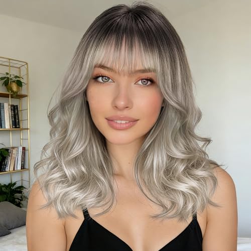 Cisyia Wig with Bangs for Women 18 Inch Ombre Platinum
