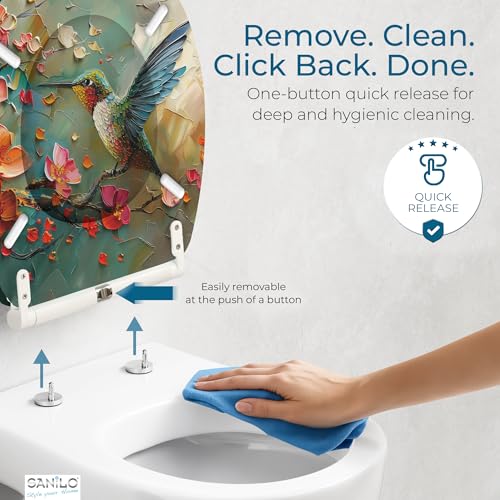 Image of Sanilo Wooden Toilet Seat with Quick Release & Soft Close [ROUND] - Decorative & Slow Close Molded Wood Seat - With One Click for Easy Installation & Cleaning - With Adjustable Fit (Petalo)