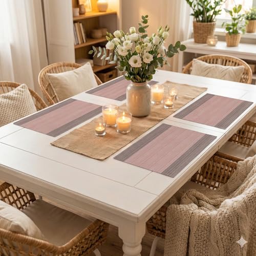 Image of YELONA Placemats Set of 4, Heat-Resistant Woven Vinyl Table Mats, Non-Slip & Washable Dining Tablemats for Kitchen & Dinner Decor, Peach & Brown (45cm x 30cm)