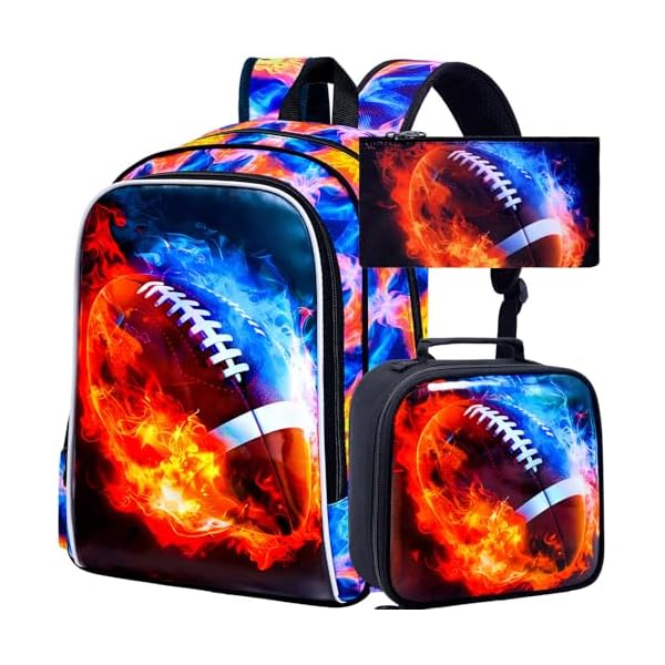 KLFVB 3PCS Kids Bookbag, 17" Boys Backpack and Lunch Box, Water Resistant Teenagers School Bag for Middle Elementary - Flame Rugby