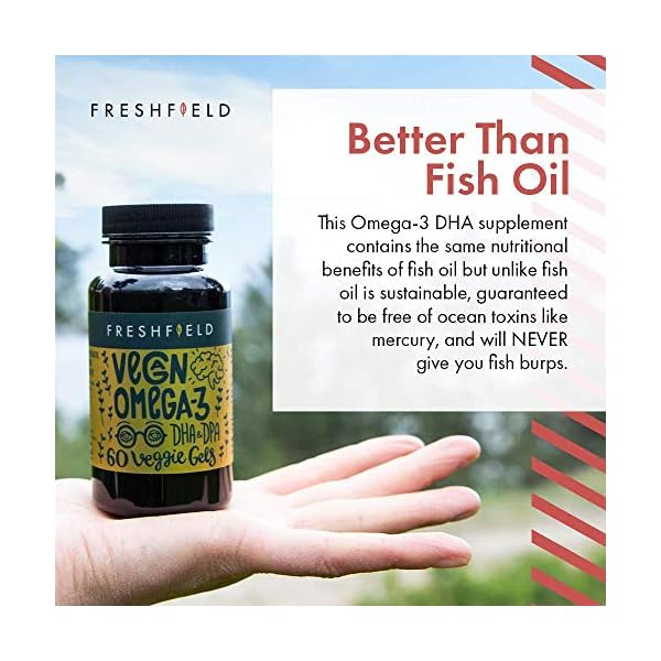 Freshfield-Vegan-Omega-3-DHA-Supplement-2-Month-Supply-Premium-Algae-Oil-Plant-Based-Sustainable-Mercury-Free-Better-Than-Fish-Oil-Supports-Heart-Brain-Joint-Health-with-DPA-Natural-60 Freshfield Vegan Omega 3 DHA + DPA: Premium, Carrageenan Free, Compostable Bottle Made from Plants, Fish Oil Replacement, Carbon Neutral. Supports Heart, Brain, Joint Health (60)