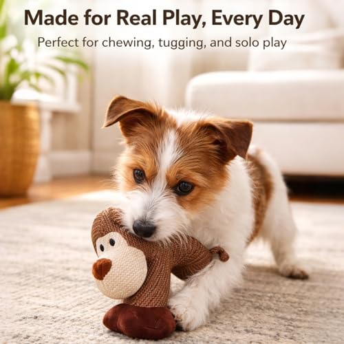 AUOBAG Dog Toys for Aggressive Chewers, Indestructible Stuffed Animals Toy for Puppy &amp; Small Dogs, Linen Fabric Plush Design for Anxiety Relief (Monkey)