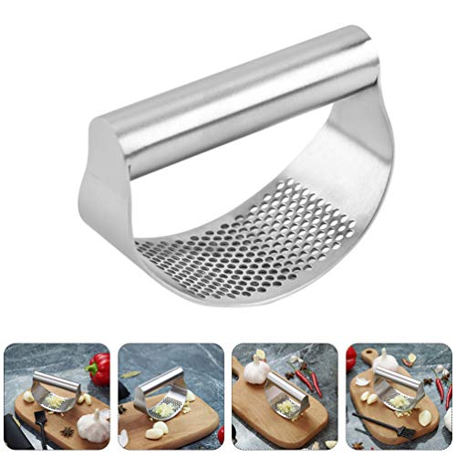 Espremedor de alho Hemoton Balancim de aço inoxidável com escova e utensílio de cozinha com alça pra
