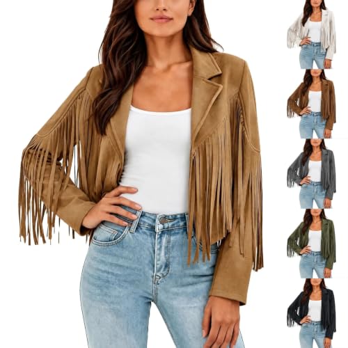 Women Faux Suede Fringe Jacket Notched Lapel Open Front Cropped Blazer Coat - image 1