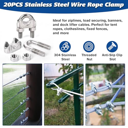 Forbabe Drahtseilklemme 4mm 20 Stück M4 Edelstahl Buegelklemme, U Bolzen Seilklemmen für Drahtseilkabel Ø 4 mm (4mm)